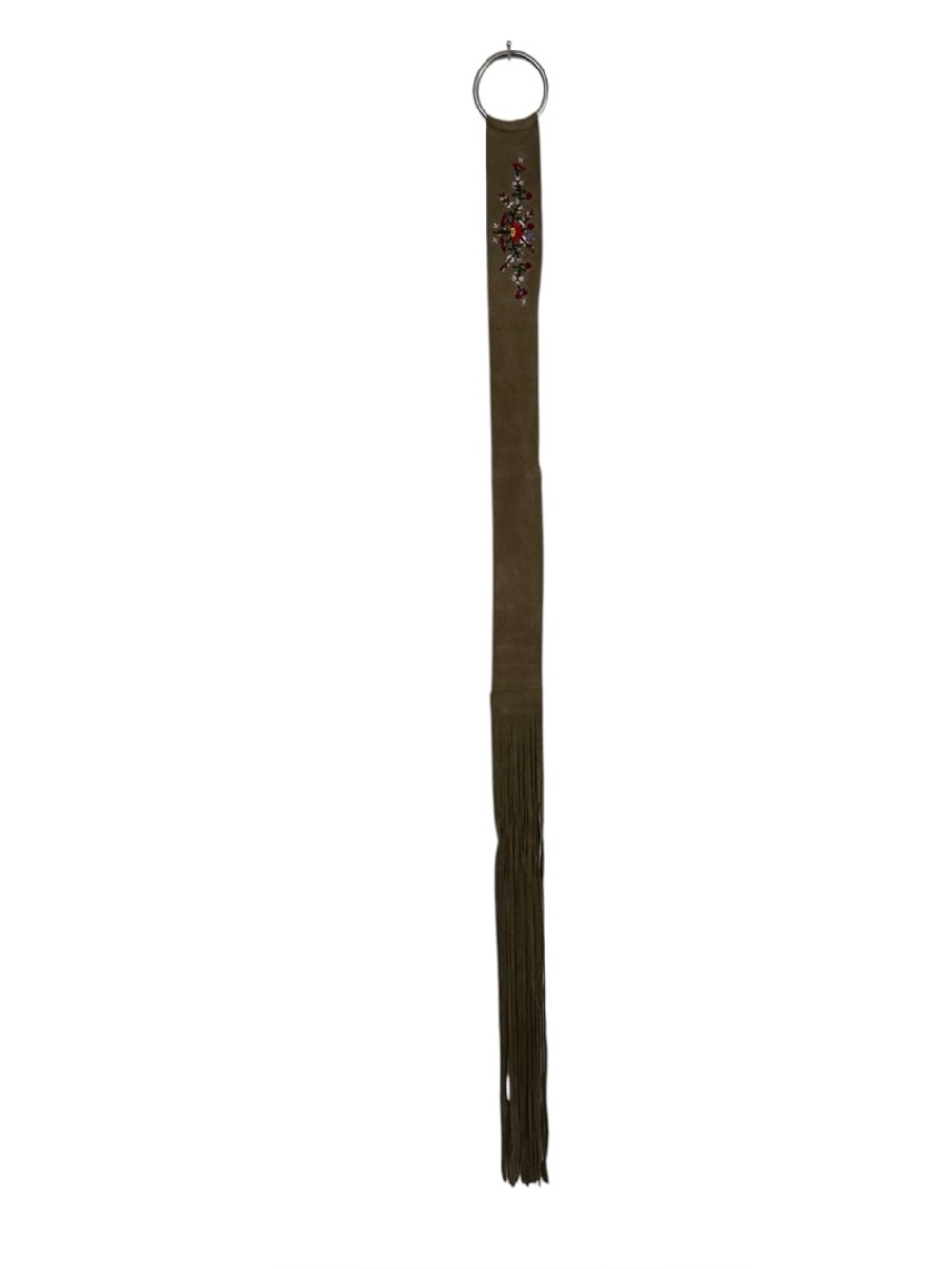 Vintage Style Brown Faux Suede Embroidered Floral Fringe Belt with O-Ring